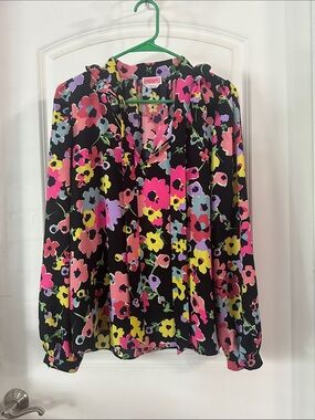 NEW Kate Spade Floral V-Neck Long-Sleeve Blouse - Black/Pink/Yellow Size M